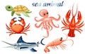 A set of sea animals - octopus, crab, cancer, fish-needle, tortoise and shrimp Royalty Free Stock Photo