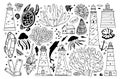 Set of sea animals, shells, corals and lighthouses. Hand drawn outline vector sketch illustration Royalty Free Stock Photo