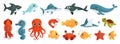 A Set of Sea Animals Stickers. Underwater life. Cute whale, squid, octopus, stingray, jellyfish, fish, crab, seahorse Royalty Free Stock Photo