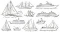 A set of sea boats and ships. Sailboats, cruise liners, sail transports, yachts, freighters, ferries, doodle pencil Royalty Free Stock Photo