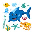 Set of sea creatures, funny shark and fish, octopus and crab. Nature and ocean algae. Vector illustration in cartoon Royalty Free Stock Photo
