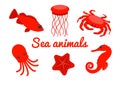 Set of sea creatures. Red cartoon sea animals isolated on white background. Vector Royalty Free Stock Photo