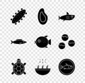 Set Sea cucumber, Mussel, Shark, Turtle, Soup with shrimps, Served fish on plate, Fish and Puffer icon. Vector