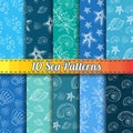 Set of 10 sea different seamless patterns. Endless vector illustration with sea shells, starfish, seaweed. Set of hand drawn blue Royalty Free Stock Photo