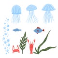 Set sea fauna on white background. Cartoon cute jellyfish, fish, crayfish crab, bubble and seaweed in doodle