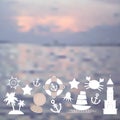 Set sea icons on seascape background. Vector Royalty Free Stock Photo