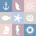 Set of sea icons. Shell, starfish, fish, anchor, steering wheel, life preserver, ship, sea horse.