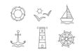 Set of sea icons vectors the contours of the black outline. Isolated on white. Anchor Ship Wheel Seagull lighthouse and a lifeline Royalty Free Stock Photo
