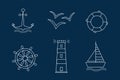 Set of sea icons vectors the contours of the white outline on dark blue background. Anchor Ship Wheel Seagull lighthouse and a Royalty Free Stock Photo