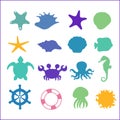 Set of sea icons on white background. Ocean animals, seashell and wheel isolated.