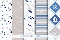 Set of sea and nautical patterns in blue colors. Royalty Free Stock Photo