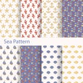 Set of sea and nautical seamless patterns for printing onto fabric and paper. Royalty Free Stock Photo