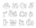 Set with sea objects and people. Anchor, bottle, lighthouse, shell, lifebuoy,