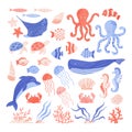 Set of sea and ocean animals, plants and seashells. Collection of illustrations with hand-drawn sea creatures. Vector cartoon