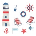 Set of sea and ocean attributes for recreation and adventure. Flat vector illustration Royalty Free Stock Photo