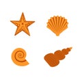 Set of sea ocean shells, starfish, underwater world, sea star. Beach, summer. Vector orange illustration isolated on white in flat Royalty Free Stock Photo