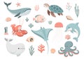 Set of sea and ocean underwater animals. Childish flat cartoon vector illustration on white background Royalty Free Stock Photo