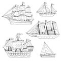 Set of sea sailboats and yachts. Ships with sails are modern and vintage. Doodle black white line sketch isolated Royalty Free Stock Photo