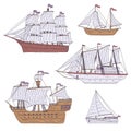 Set of sea sailboats and yachts. Ships with sails are modern and vintage. Doodle sketch isolated illustrations.