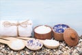 set sea salt for the skin of the body and things for the spa Royalty Free Stock Photo