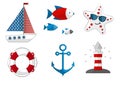 Set of sea Summer designs, ships, a lighthous