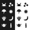 Set Sea urchin, Stingray, Crab, Takoyaki, Seaweed, Shrimp, Sauce bottle and Served fish on plate icon. Vector