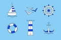 Set of sea vector icons in blue white color. Anchor Ship Wheel Seagull lighthouse and a lifeline Royalty Free Stock Photo