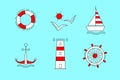 Set of sea vector icons in red and white on a blue background. Anchor Ship Wheel Seagull lighthouse and a lifeline Royalty Free Stock Photo