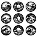 set of sea wave sunset logo icon silhouette symbols clipart, sunset logo concept, collection of sunset with sea wave logos