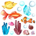 set of sea world painted in watercolor isolated white background hand drawn