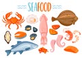 Set of seafod icons in cartoon style. Royalty Free Stock Photo