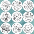 Set of seafood circle. Marine life animals plates. Hand drawn vector illustration. Beer coaster, beermat.