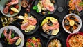 A set of seafood dishes on a black background. Pasta, bulgur, rice, couscous.