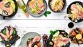 A set of seafood dishes on a white background. Pasta, bulgur, rice, couscous.