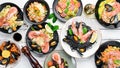 A set of seafood dishes on a white background. Pasta, bulgur, rice, couscous.