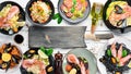 A set of seafood dishes on a white background. Pasta, bulgur, rice, couscous.