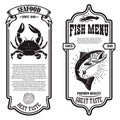 Set of seafood flyers with crab and fish illustrations. Design element for poster, banner, sign, emblem. Royalty Free Stock Photo