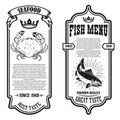 Set of seafood flyers with crab and fish illustrations. Design element for poster, banner, sign, emblem. Royalty Free Stock Photo