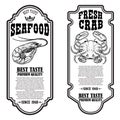 Set of seafood flyers with crab and shrimp illustrations. Design element for poster, banner, sign, emblem. Royalty Free Stock Photo