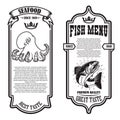 Set of seafood flyers with octopus and fish illustrations. Design element for poster, banner, sign, emblem. Royalty Free Stock Photo