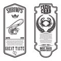 Set of seafood flyers with shrimp and crab illustrations. Design element for poster, banner, sign, emblem. Royalty Free Stock Photo