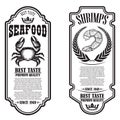 Set of seafood flyers with shrimp and crab illustrations. Design element for poster, banner, sign, emblem. Royalty Free Stock Photo