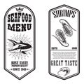 Set of seafood flyers with shrimp and fish illustrations. Design element for poster, banner, sign, emblem. Royalty Free Stock Photo