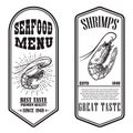 Set of seafood flyers with shrimp illustrations. Design element for poster, banner, sign, emblem. Royalty Free Stock Photo