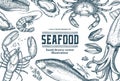 Set of seafood illustrations drawn in vector format.