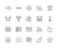 Set of Seafood Line Icons. Fishbone, Fish, Flounder, Eel, Turtle, Crab and more.