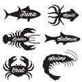 Set of seafood logo. Ocean animals silhouettes collection for restaurants. Squid, Crab, Tuna, Shrimp labels Royalty Free Stock Photo