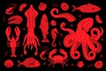 Set of seafood sketch. Marine delicacy banner. Underwater animals hand drawn illustration. Fishes, lobster, squid