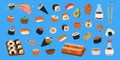 Set of seafood sushi. Ikura sushi, tobiko maki, philadelphia roll, onigiri, shrimp nigiri, tekkamaki tuna roll, futomaki Royalty Free Stock Photo