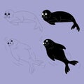 Set of seal pups in different poses. Lying and swimming sea polar animals. Outline and simple style vector illustration. Isolated Royalty Free Stock Photo